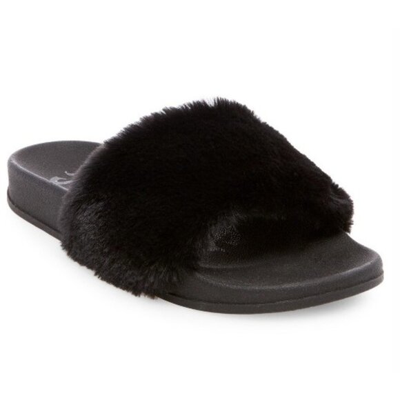 Mad Love Phoebe Black Faux Rabbit Fur Top Strap Slide House Sandals -- Size 10 - Picture 6 of 9